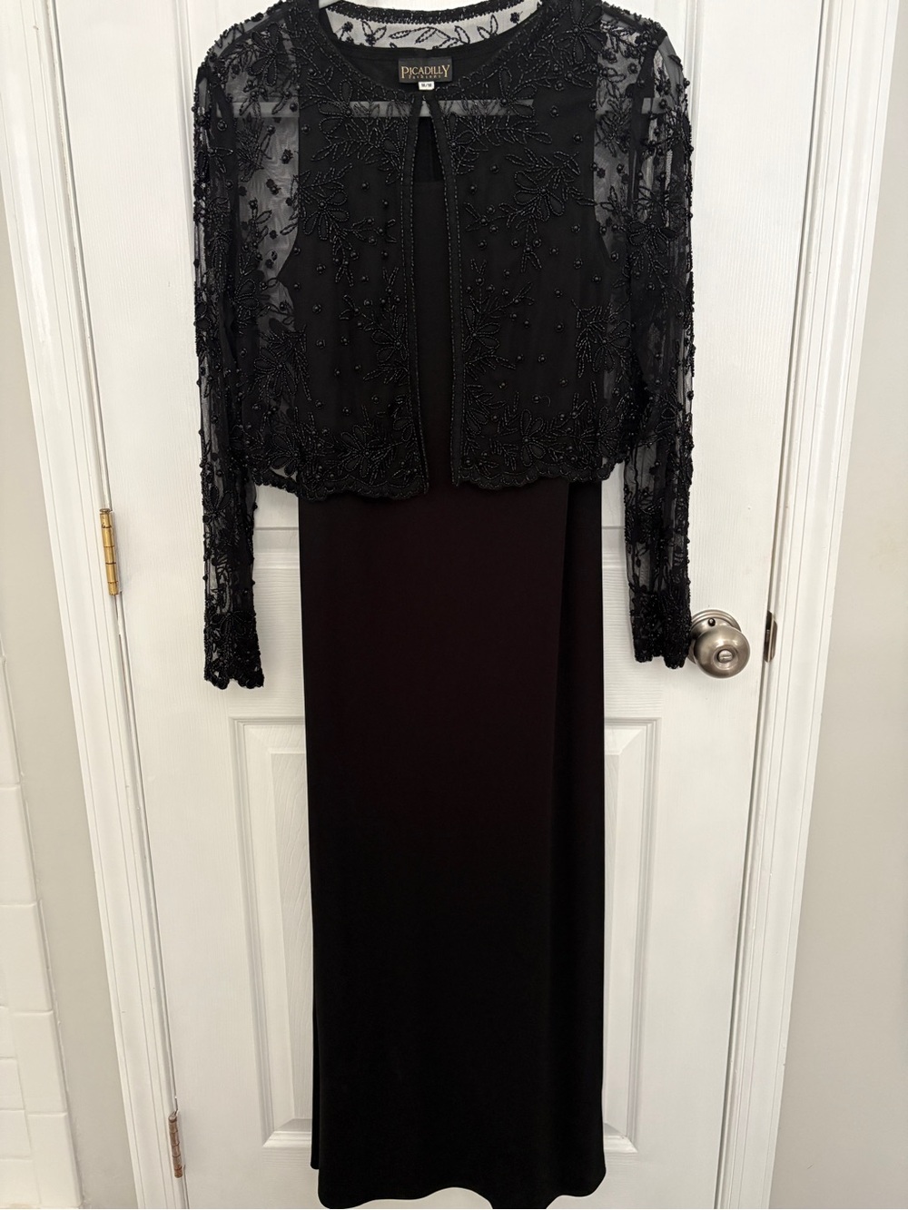 Picadilly Fashion Black Beaded Long Sleeve Evening Dress with Sheer Overlay